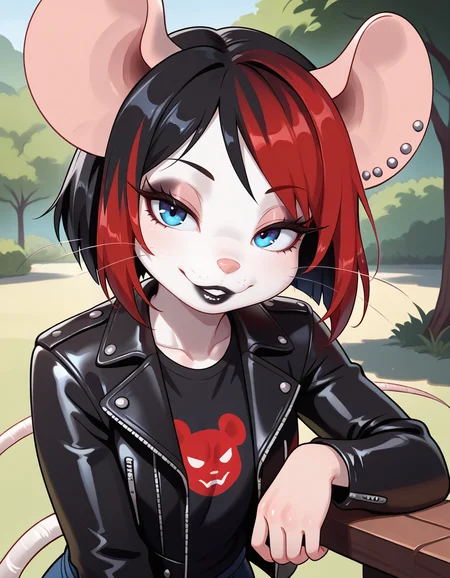 masterpiece, best quality, very aesthetic, absurdres,
outdoors,
headshot, 
black t-shirt, leather jacket, 
seductive smile, parted lips, long eyelashes,
 <lora:Francis_v01_NAIXL:1>
Francis,1girl,solo,furry female, mouse girl, mouse ears, ear piercing, earrings, short hair, multicolored hair, red hair ,black hair ,blue eyes, eyeshadow, animal nose, whiskers, black lipstick, piercing, body fur, white fur, mouse tail,