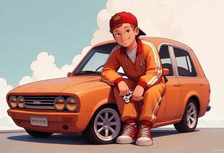 score_9, score_8, score_7, young, looking at viewer, perfect face, colorful, dramatic angle, jumpsuit, wrench in hand, sitting on car, sneakers, car repair, smile, red hat, backwards hat, brown hair, freckles, 1boy, solo, full body.