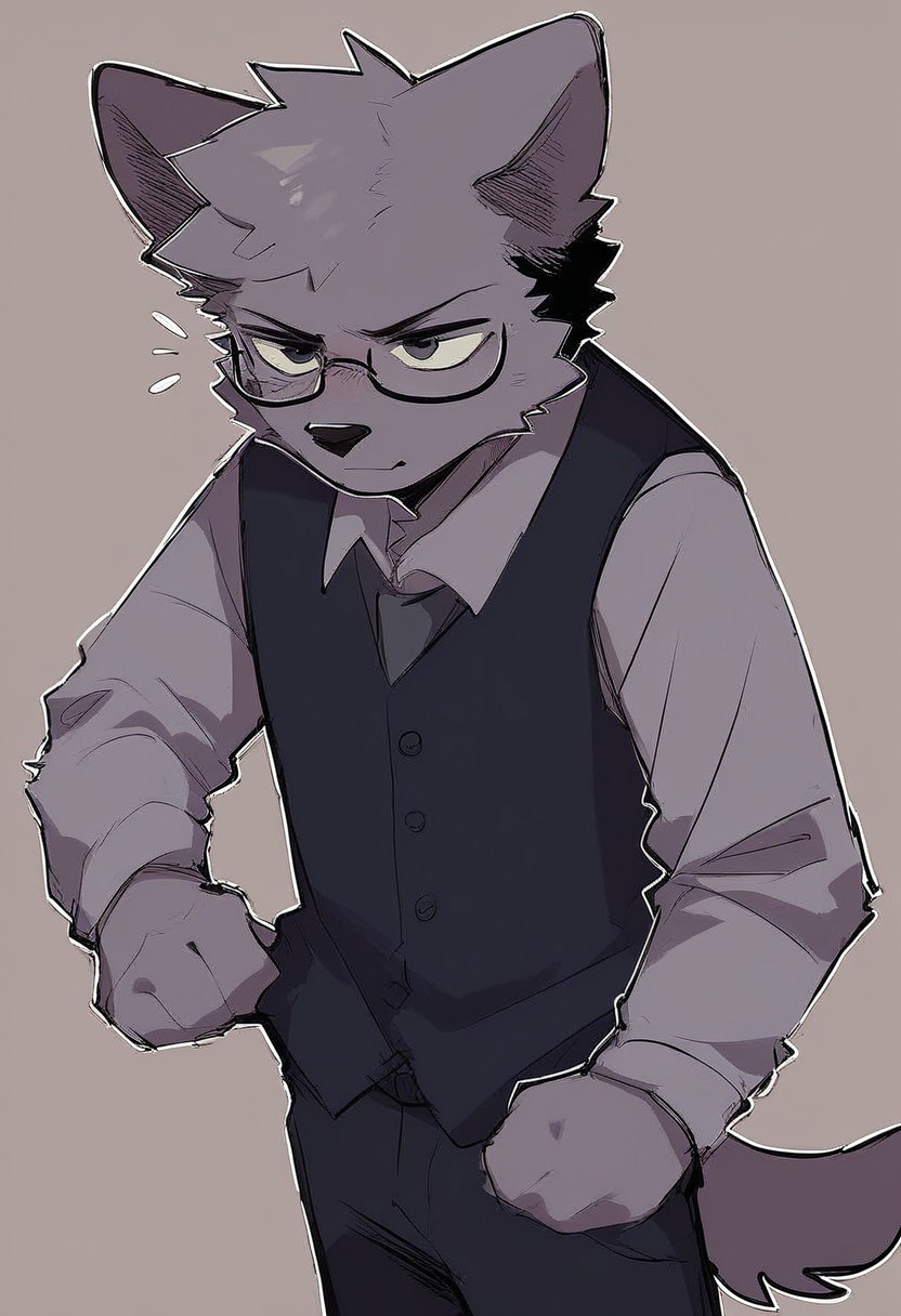 score_9, score_8_up, score_7_up, BrunoF, Gray fur, furry, animal ears, furry male, focus male, tail, Gray fur, Black vest, gray shirt, gray sleeves, black pants, solo, sny