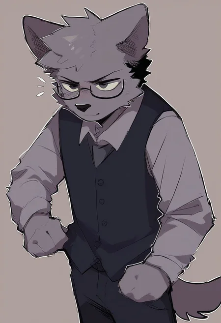 score_9, score_8_up, score_7_up, BrunoF, Gray fur, furry, animal ears, furry male, focus male, tail, Gray fur, Black vest, gray shirt, gray sleeves, black pants, solo, sny