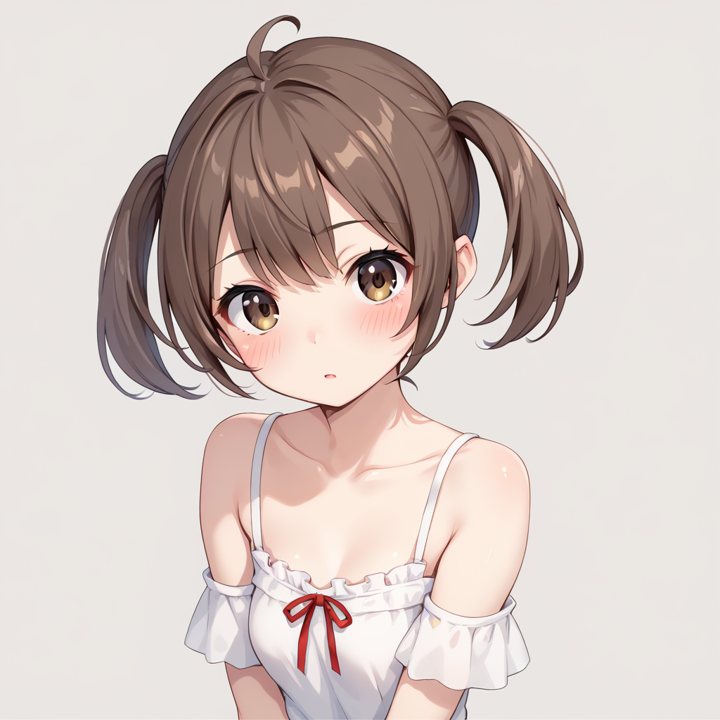 score_9, score_8_up, score_7_up, simple background, blush,
1girl,  bdgunner, brown eyes, short twintails, bare shoulders, 
<lora:bdgunner_pony_v1:0.8>