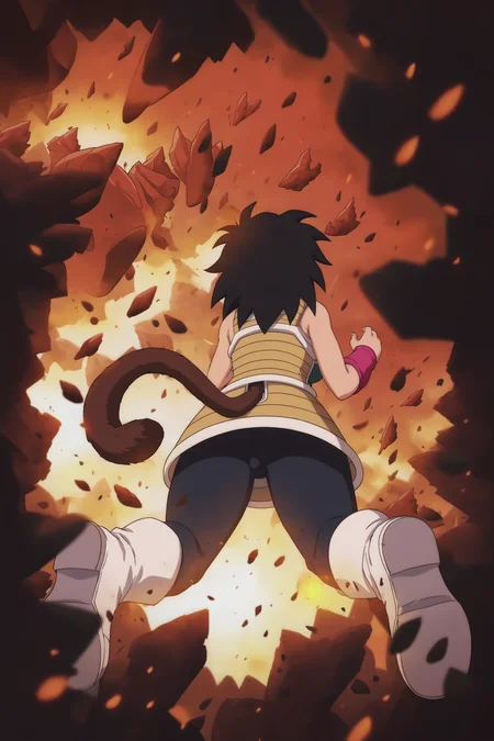 source_anime, score_9, score_8_up, score_7_up, anime screencap, absurd res,
gine, absurd res, official style, 1girl, black hair, from above, full body, boots, pantyhose, rock, from behind, blurry, falling, from below, white footwear, spiked hair, facing away, shoe soles, debris, monkey tail, saiyan armor, lava, black legwear, destruction, glowing
 <lora:Gine_v1:0.8>