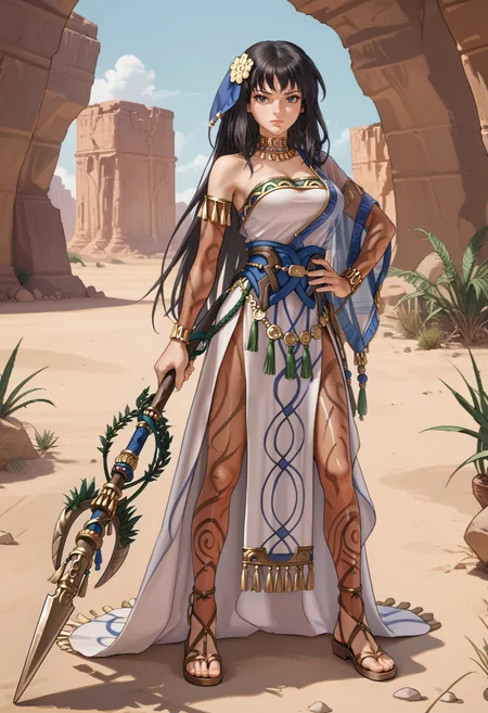 score_9, score_8_up, score_7_up, source_anime, 1girl, standing, hand on own hip, holding polearm, spear, looking at viewer, expressionless, <lora:KarlaFE-pdxl:1> sunKarla, long hair, hair ornament, neck ring, white dress, strapless, cleavage, large breasts, arm warmers, single sleeve, pelvic curtain, print pantyhose, sandals, outdoors, desert, oasis