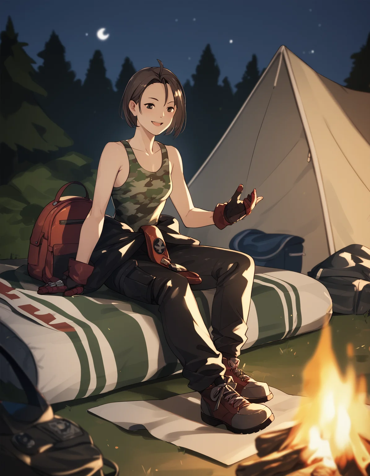 score_9,  score_8_up, score_7_up <lora:kazama-akira-ponyxl-000013:1> rskzm, camouflage tank top, jacket around waist, bare arms, leather pants, gloves,
1girl, solo, happy, camping, sitting, campfire, sitting on camping chair, leaning back, blanket, outdoors, night