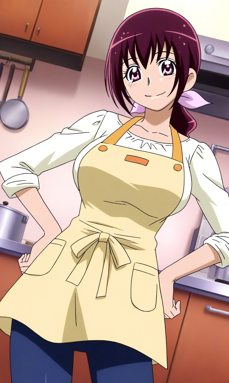 general,highres, ultra-detailed,very aesthetic,best quality ,best hands, BREAK <lora:Hoshizora_Ikuyo_Smile_Precure_IS:1>
Hoshizora_Ikuyo, 1girl, solo, large breasts, purple hair, ponytail, hair ribbon, pink ribbon, long hair, pink eyes,
shirt, pants, blue pants,  dark Yellow apron,
hands on own hip, 
sleeves rolled up, 
smile,looking at viewer, cowboy_Shot,
indoor, kitchen,