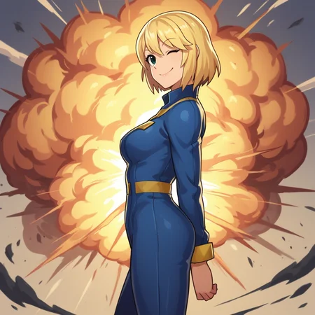 score_9, score_8_up, score_7_up, score_6_up, score_5_up, score_4_up, zPDXL2,source_anime,rating_questionable, side profile, pin up, looking at viewer, smile, wink, vault girl, blue jumpsuit, blonde hair,  <lora:Explosion:0.8> 3xplosion, explosion, black smoke