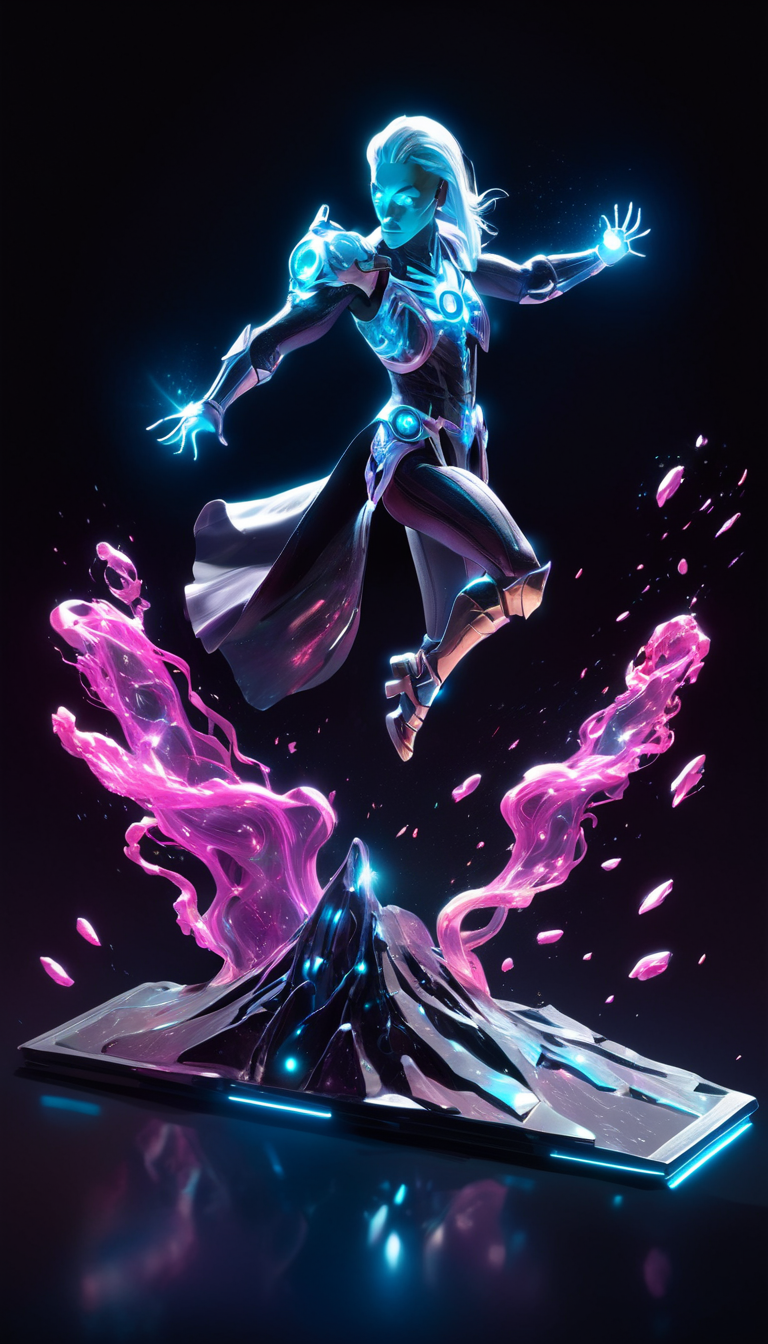 hologram of Cinematic scene, hero view, d4d necromancer <lora:diablo_4_necromancer_xl_v1:1>, action pose, masterpiece, best quality, high quality, highres, absurdres floating in space, a vibrant digital illustration, dribbble, quantum wavetracing, black background, behance hd