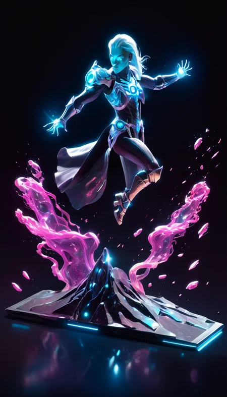 hologram of Cinematic scene, hero view, d4d necromancer <lora:diablo_4_necromancer_xl_v1:1>, action pose, masterpiece, best quality, high quality, highres, absurdres floating in space, a vibrant digital illustration, dribbble, quantum wavetracing, black background, behance hd