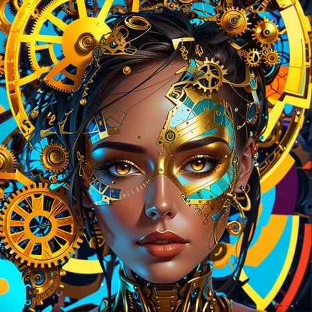 Collage style a digital artwork piece of a woman's face with a clock and gears, painting by android jones, face of a alien deity, closeup portrait of an artificer, brass semi - mechanical woman, the ayahuasca spirit, interconnected human lifeforms, inspired by Greg Staples, ornate gilded cosmic machine, front page of art station, cyberpunk angry gorgeous druid, <lora:Oblivion_lcm_structure_Craft_a_high-resolution:0.8>geometric shapes and bold colors to craft pop art faces, optical illusion faces, abstract art, surrealism, and minimalism.2d.3d.4k.8k.The moment of disintegration, <lora:glowneon_xl_v1:0.8>, glowneon, glowing, sparks, lightning . Mixed media, layered, textural, detailed, artistic