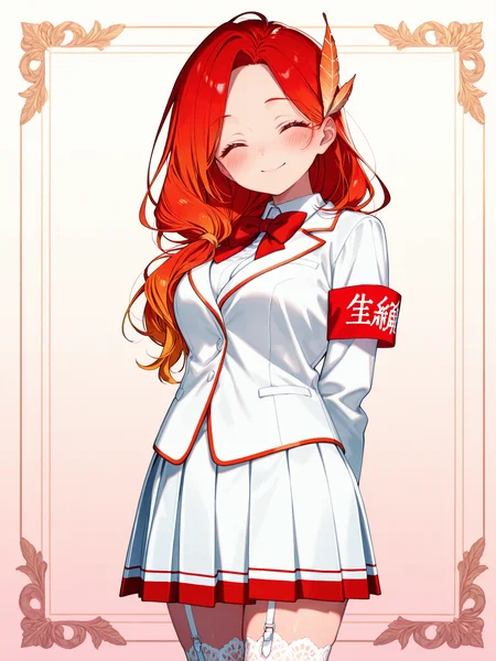siiqa vivi, shuri (84k)  <lora:AkaneXL:1>, Akane_YS, 1girl, closed eyes, school uniform, red bowtie, armband, long hair, pleated skirt, feather hair ornament, loafers, lace legwear, garter straps, blush, smile, hair over shoulder, medium breasts, 
masterpiece, best quality, amazing quality, very aesthetic, absurdres, newest, lazypos, gradient background, <lora:retrocute:1>, inset border, cowboy shot, looking at viewer, <lora:cfg_scale_boost:0.9>, simple background, red hair,