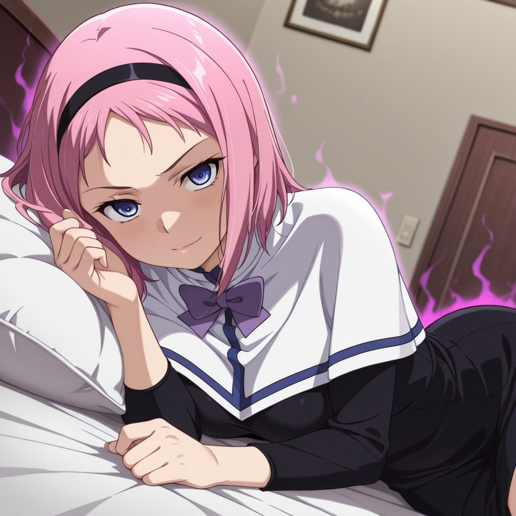 masterpiece , amazing , best quality , ultra detailed , 8k , high resolution , 1girl , solo , adult , Kazumi_Schlierenzauer, medium breasts , indoors , lying on bed , looking at viewer , sexy , seductive aura , black dress, white overtop, purple bow