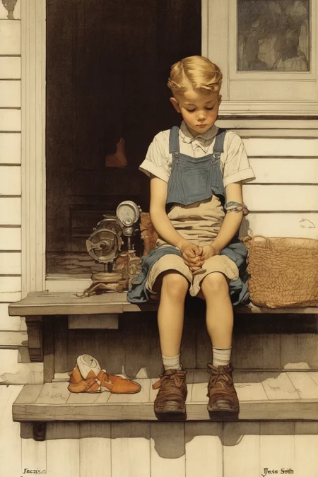 Jessie Willcox Smith Style - A child sitting on a porch and thinking about big adventures by Norman Rockwell, very detailed drawing of the full scene