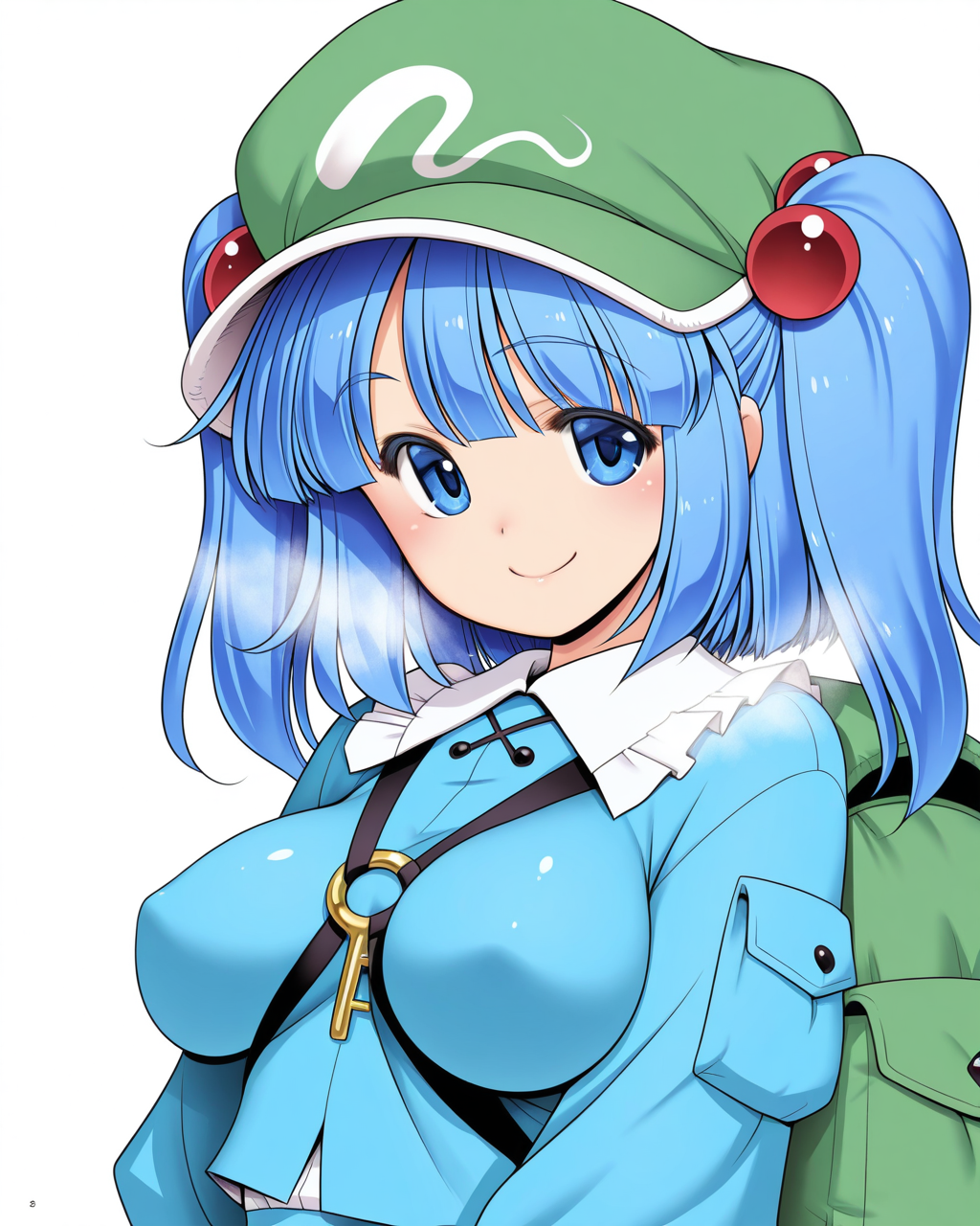 1girl, solo, kawashiro nitori,green flat cap,blue hair,hair bubbles,hair ornament,two side up,blue eyes,blue dress,blue skirt,pocket,green backpack, smile, (tomoki tomonori:1.1), shiny skin, steam, looking at viewer, upper body, simple background, white background, masterpiece, best quality, very aesthetic, absurdres