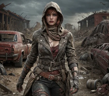 RAW photo, (masterpiece:1.3), subsurface scattering, heavy shadow, (high quality:1.4), (intricate, high detail:1.2), professional photography, HDR, High Dynamic Range, realistic, ultra realistic, photorealistic, high resolution, film photography, ambient lighting, atmospheric effects, <lora:detail_slider_v4:2>, OverallDetail, a beautiful woman, wild red hair, dark makeup, as a female Wasteland survivor, hood, long leather coat, boots, leather pants, belt, exploring the ruins of a destroyed city, <lora:Wasteland:0.66>, WasteAr, <lora:WastelandArmor:0.7>, style of Mad Max, style of Fallout, <lora:zoom_slider_v1:3>, epiCPhoto