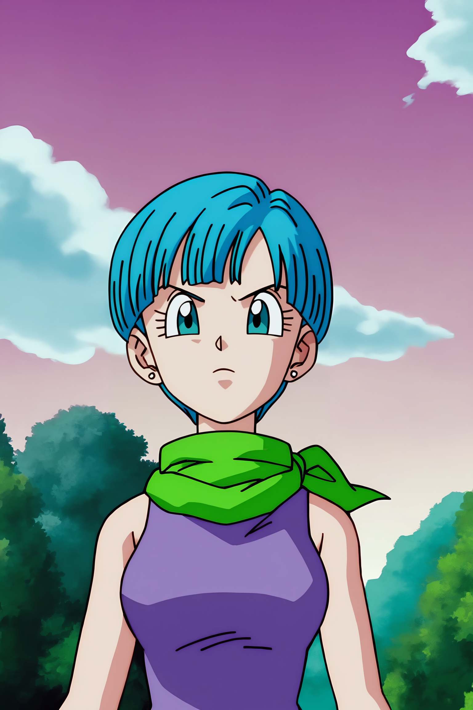 source_anime, score_9, score_8_up, score_7_up, anime screencap, absurd res,
bulma, super, battle of gods, official style, anime screencap, 1girl, solo, short hair, bowl cut, blue eyes, blue hair, upper body, stud earrings, outdoors, sky, day, cloud,bracelet, tree, blue sky, clenched hand, serious, purple dress, sleeveless dress, from below, v-shaped eyebrows, green scarf
 <lora:DB_Bulma_v2-000046:0.8>