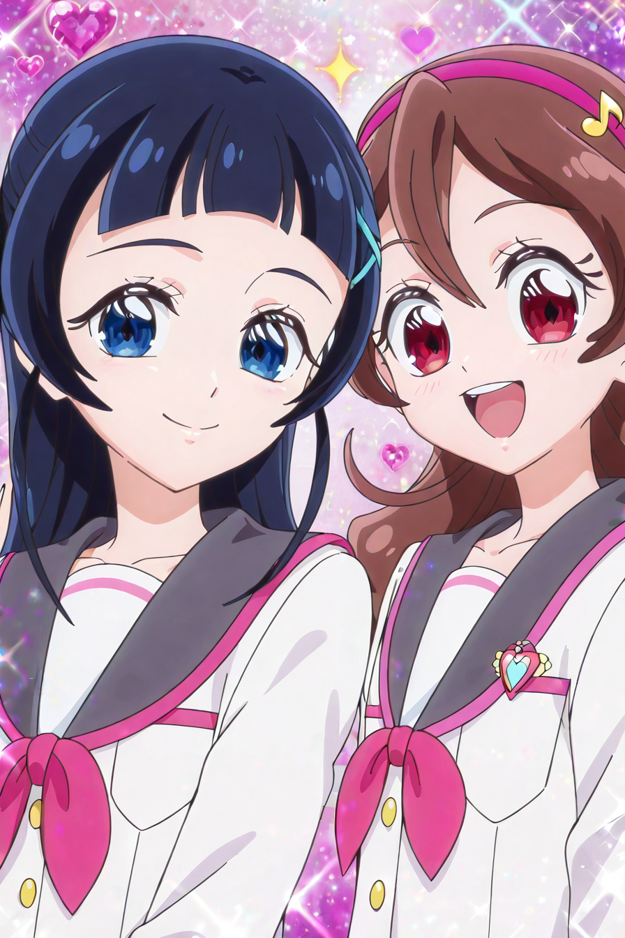 detailed background, shiny skin, posing,
<lora:kimipri.il:1.0>,
kimipri,
2girls,
uta, nana, 
seifuku, yuri, 
heart, glitter, sparkle, bloom, 
peace, happy, smile, looking at viewer,
