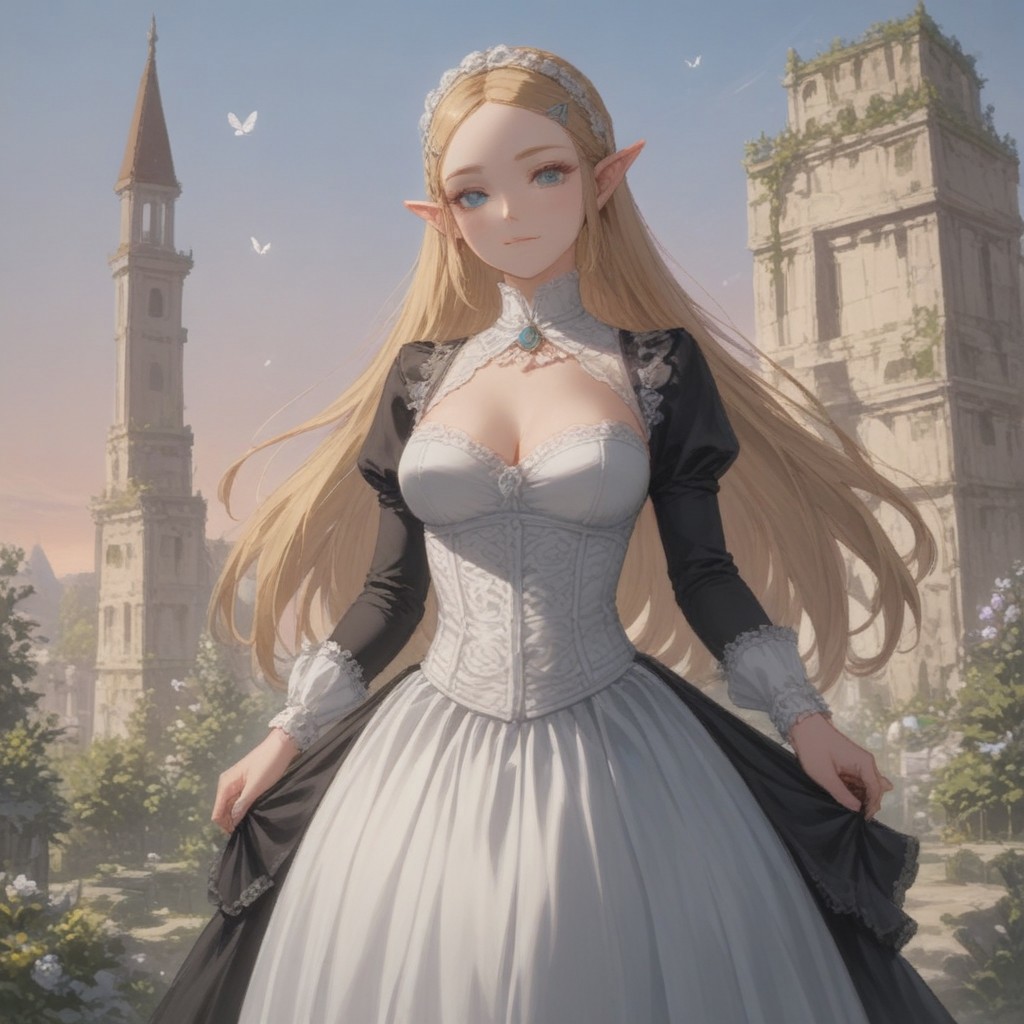 score_9, score_8_up, score_7_up, masterpiece, ultra detailed, best quality, 1girl, alone, solo, Beautiful eyes, detailed eyes, detailed face, beautiful face, perfect face, perfect body, perfect body, detailled body, large breasts, saggy breasts, breasts apart, wide hips, large ass, velvet skin, curvy body, voluptuous body, zelda, blue eyes, blonde hair, scenery, smug smile, victorian dress, gardenhouse, flower, butterfly, sun
