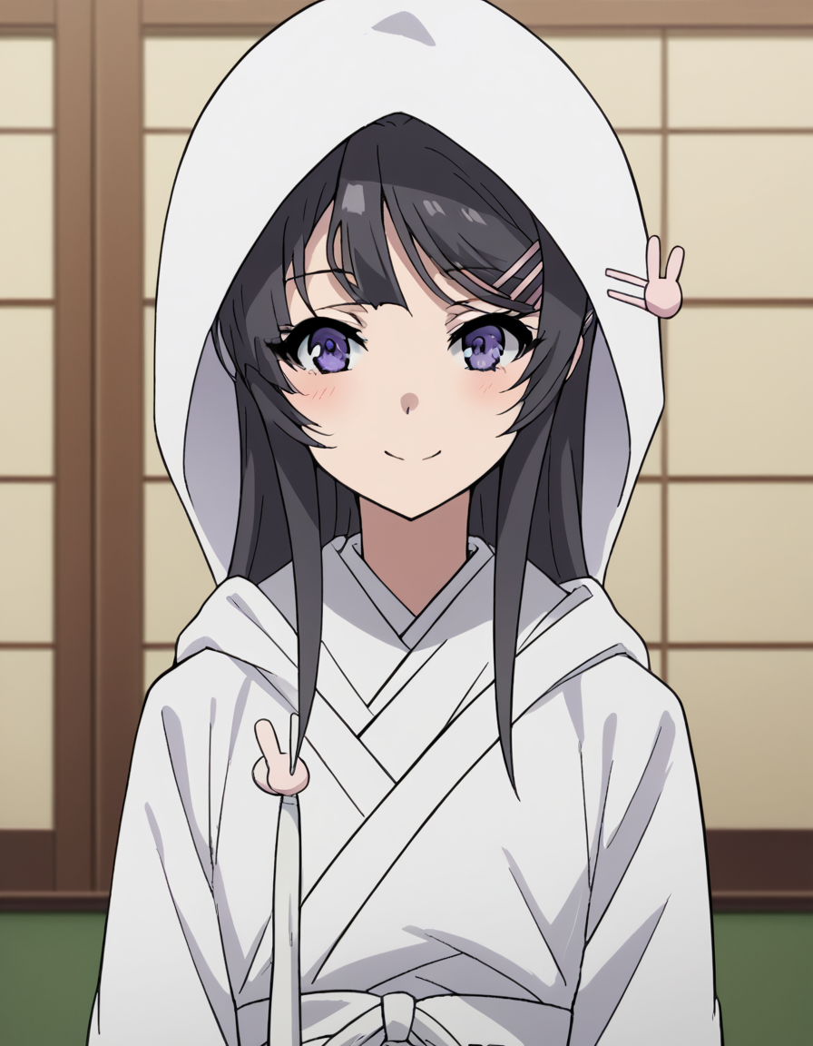 score_9, score_8_up, score_7_up, source_anime, maisakurajima, <lora:mai-sakurajima-s1-ponyxl-lora-nochekaiser:1> mai sakurajima, long hair, bangs, black hair, hair ornament, purple eyes, hairclip, rabbit hair ornament,, <lora:uchikake-ponyxl-lora-nochekaiser:1>, uchikake, wataboushi, shiromuku, white kimono, hooded kimono, bride, japanese clothes, hood,, indoors, wedding, smile, blush,, cowboy shot, dutch angle, looking at viewer,