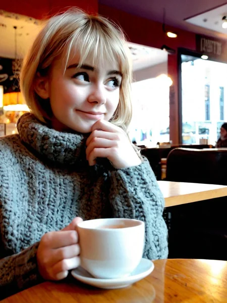 Cinematic fashion photograph Adeera_Addams_P_MXAI_SDXL , wearing a cozy sweater, sitting in a cafe, holding a cup of steaming tea, flirty expression,