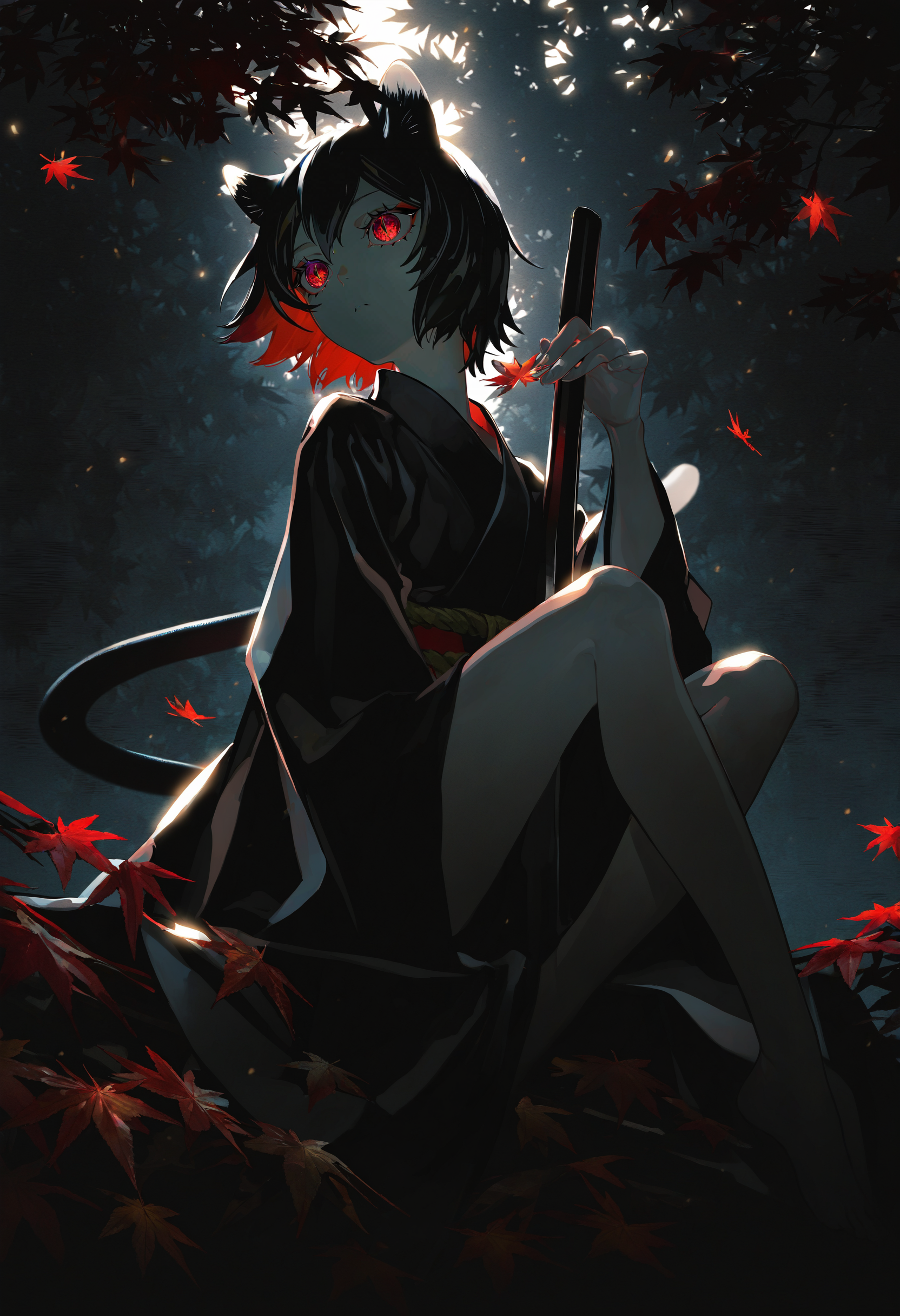 artist:[diyokama|say hana|yoneyama mai|lam \(ramdayo\)],
izutsumi, 1girl, cat girl, animal ears, solo, japanese clothes, short hair, weapon, kimono, black hair, black kimono, sitting, red eyes, leaf, autumn leaves, bug, outdoors, maple leaf,
dark, black theme, high contrast, backlighting, spot color,
masterpiece, best quality, very awa, absurdres
<lora:noobai_vpred_1_masterpieces_v1:1>
