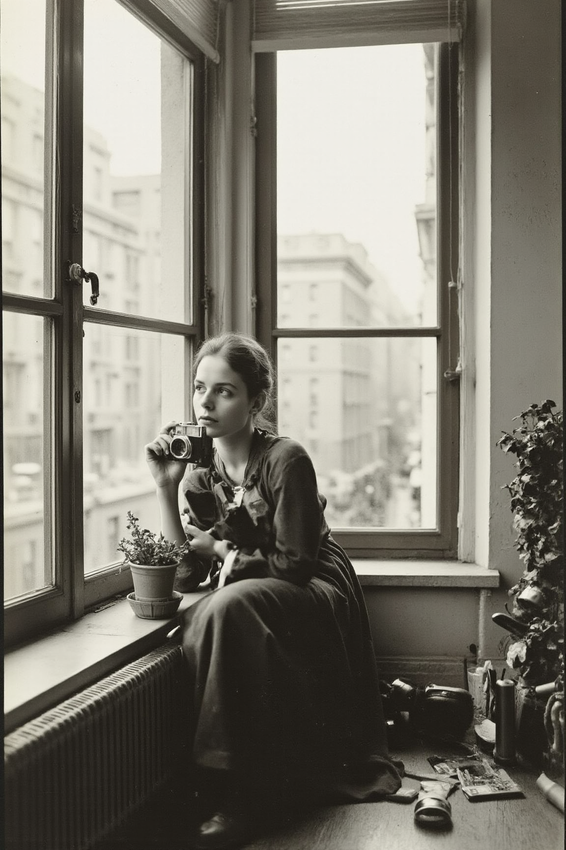 YFG-V1nt A captivating black-and-white photograph of a contemplative woman seated sideways on a table beside large, multi-pane windows, gently holding a vintage camera close to her face as she gazes thoughtfully outward, immersed in introspection. Soft natural light streams through the partially open windows, spilling into the room and casting delicate contrasts between illumination and shadow that accentuate the subtle contours of her figure and the texture of her clothing. The muted grayscale palette emphasizes tranquility and introspection, while the composition elegantly balances her off-center placement against the structured geometry of the window frames. Slightly blurred urban buildings visible outside hint at a bustling cityscape beyond, juxtaposing the serene indoor atmosphere with the dynamic world just out of reach. A small potted plant and casually arranged personal items scattered on the table and surrounding surfaces lend a relaxed, artistic authenticity to this intimate moment of quiet contemplation, evoking a gentle sense of creative solitude and thoughtful reflection, monochrome photography, contemplative portraiture, urban minimalism
