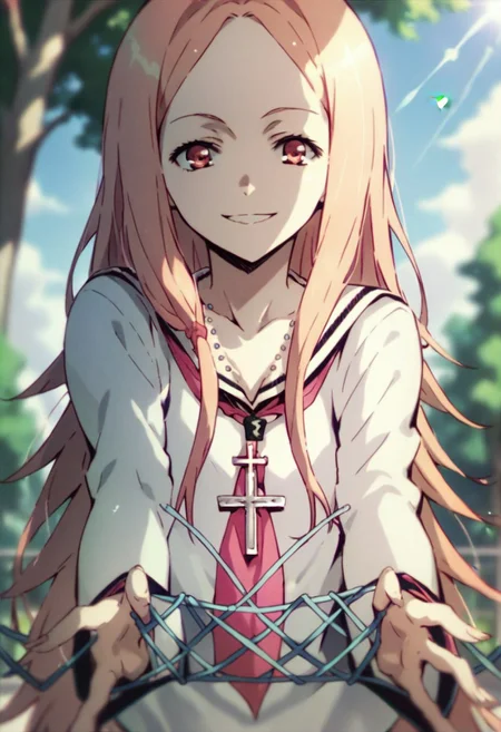 score_9,score_8_up,score_7_up,source_anime, Mana Ouma,1girl,solo,looking at viewer,smile,shirt,long sleeves,holding,school uniform,white shirt,tree,neckerchief,sunlight,cross,