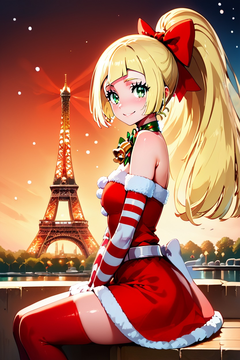 score_9, score_8_up, score_8, medium breasts, (curvy), cute, eyelashes,     ,,, , zzPLillie, green eyes, blonde hair, hair bow, long hair, ponytail, bow, christmas, dress, bare shoulders, bell, striped, red dress, neck bell, belt, <lora:PeppermintLilliePDXL:1.0>,  ,,,, BREAK, zzEiffelTower in background, sitting, watercraft, boat, sitting on wall, side view, looking at viewer, smile, ,,, BREAK, blooming stars, luminescent petals, otherworldly fragrance blurry background, ,,, embedding:zPDXL, Expressiveh, ,,, <lora:EiffelTowerPDXL:1.0>, <lora:CatalystStylePDXL:0.6>, <lora:SDXLFaeTastic2400:0.5>, <lora:Expressive_H-000001:0.4>,