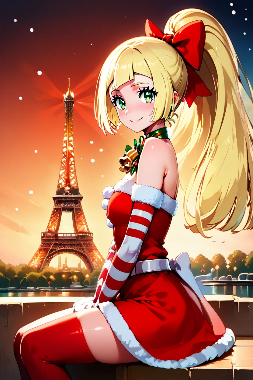 score_9, score_8_up, score_8, medium breasts, (curvy), cute, eyelashes, ,,, , zzPLillie, green eyes, blonde hair, hair bow, long hair, ponytail, bow, christmas, dress, bare shoulders, bell, striped, red dress, neck bell, belt, <lora:PeppermintLilliePDXL:1.0>, ,,,, BREAK, zzEiffelTower in background, sitting, watercraft, boat, sitting on wall, side view, looking at viewer, smile, ,,, BREAK, blooming stars, luminescent petals, otherworldly fragrance blurry background, ,,, embedding:zPDXL, Expressiveh, ,,, <lora:EiffelTowerPDXL:1.0>, <lora:CatalystStylePDXL:0.6>, <lora:SDXLFaeTastic2400:0.5>, <lora:Expressive_H-000001:0.4>,
