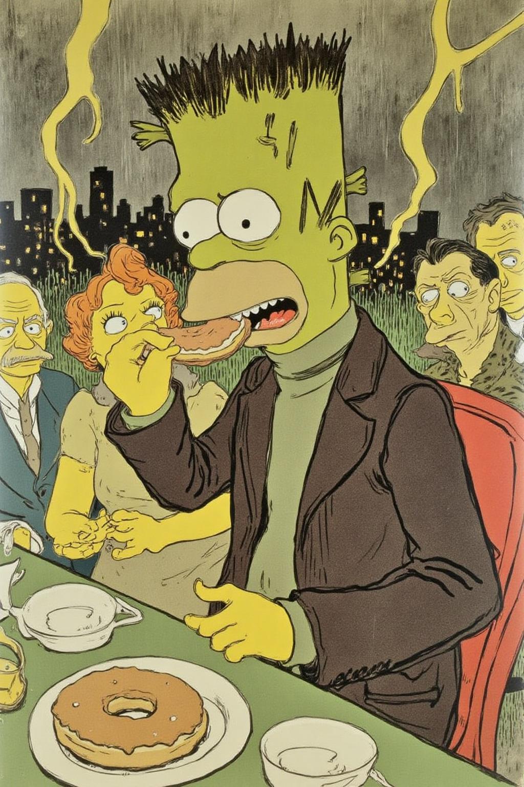 lautrec1 illustration 
rendered in a stylized, Art Nouveau style typical of the era, with a pastel color palette dominated by shades of green, yellow, and brown.
Homer Simpson dressed as Frankenstein, eating a doughnut during a thunderstorm 
 <lora:lautrec1_cap_d6a3e11:1.0><lora:810950479296328486:0>