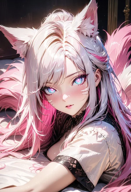 masterpiece, beatiful lips, best quality, high quality, amazing composition, cinematic, (masterpiece), (best quality), (ultra-detailed), very aesthetic, perfect composition, intricate details, absurdres, (anime, masterpiece, intricate:1.3), (best quality, hires textures, high detail:1.2), ((high end)),(UHD picture),(vivid),((life like)),(crystal clear),
(photo realistic),((bestquality fingertip)),((beautifully detailed face)),((beautifully detailed body line)),(beautiful detailed hair),((sexy)),{perfect anatomy},intricate,(highly detailed), perfecteyes,
Settings; (on the bed), (dim light),
Character;(1girl, kda_ahri, from front, seductive),(nine fox tails), (multicolored hair:), (white hair), (pink hair), (long hair), (whiskers), (glowing eyes1.3),
composition; (close up), (looking for viewer), (sitting),