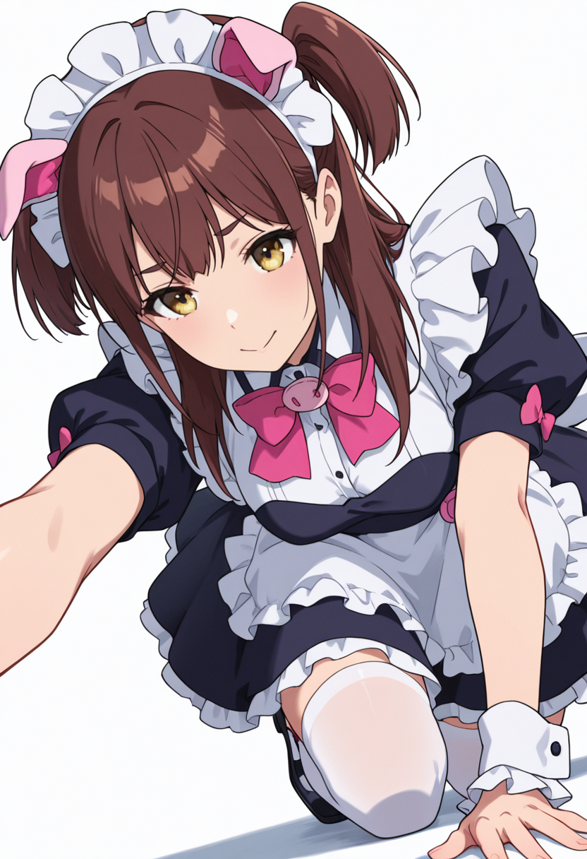 Smooth Quality,masterpiece,very intricate, high quality details, ultra realistic, high detailed skin,detailed enviorement,absurdres,
 <lora:Wahira_Nagomi_CNR:0.8> wahira_cnr, 1girl,brown hair, long hair, two side up, yellow eyes,pig ears, fake animal ears,maid, maid headdress, maid apron, puffy short sleeves,white thighhighs, black footwear, wrist cuffs, frills, pink bowtie,, simple background, white background, sideways,solo,
kneeling, one hand on ground, reaching forward, focused, tense,  ,, c:,