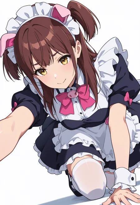 Smooth Quality,masterpiece,very intricate, high quality details, ultra realistic, high detailed skin,detailed enviorement,absurdres,
<lora:Wahira_Nagomi_CNR:0.8> wahira_cnr, 1girl,brown hair, long hair, two side up, yellow eyes,pig ears, fake animal ears,maid, maid headdress, maid apron, puffy short sleeves,white thighhighs, black footwear, wrist cuffs, frills, pink bowtie,, simple background, white background, sideways,solo,
kneeling, one hand on ground, reaching forward, focused, tense, ,, c:,
