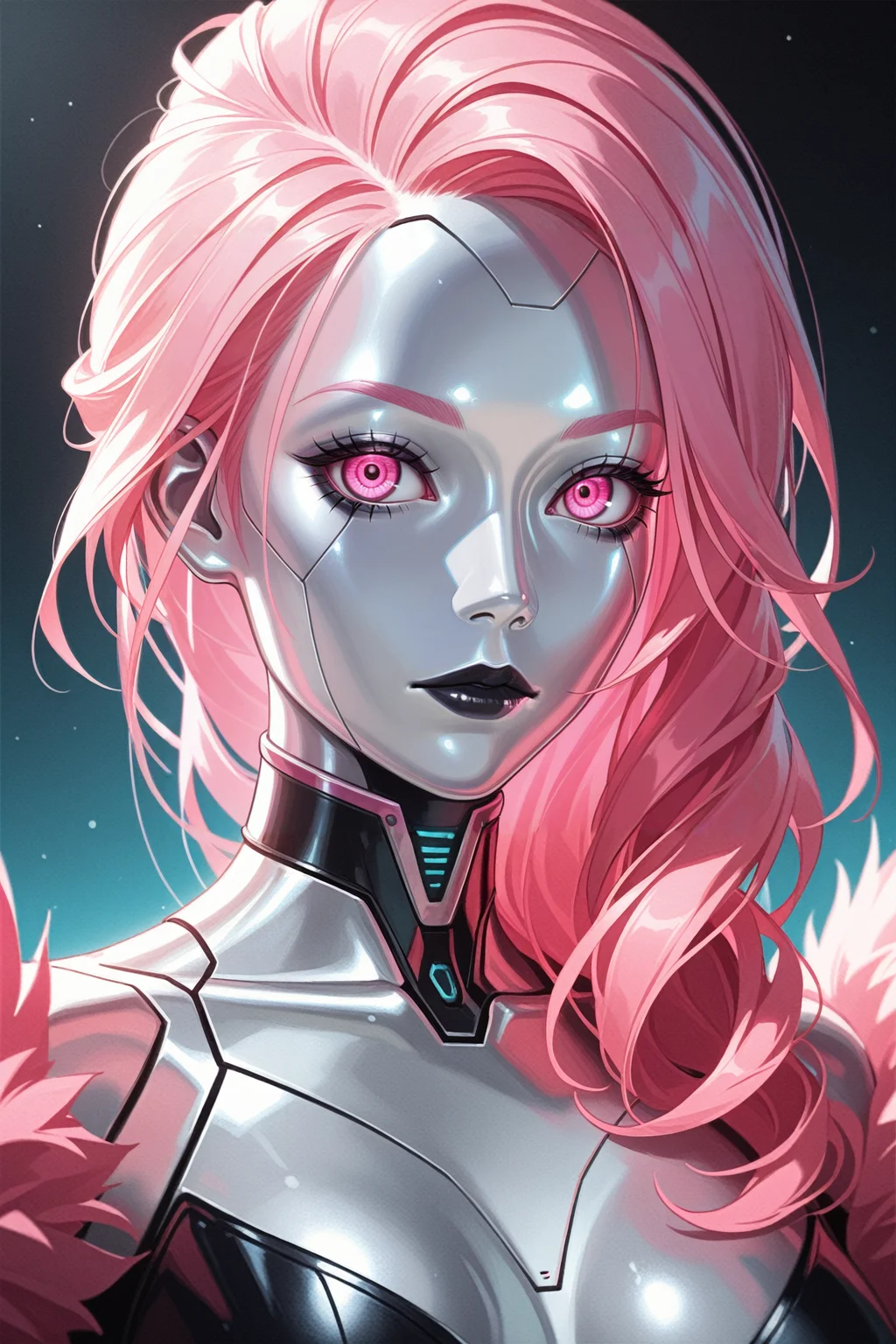 masterpiece, best quality, absurdres,
<lora:ILCyberLizzy:0.8>
CyberLizzy, 1girl, silver skin, robot, long hair, pink hair, looking at viewer, portrait