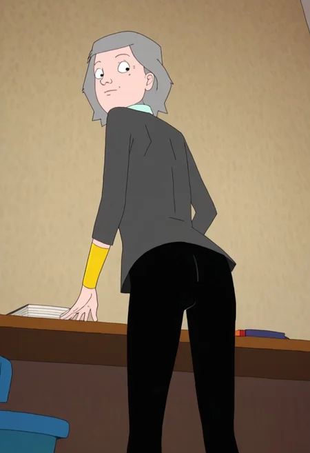 leslie_gahd, 1girl, gilf, wrinkles, short grey hair, small black eyes, yellow bracelets, brown office blazer (white collar piece, cream shirt), black pants, black ballerina, score_9_up, score_8_up, score_7_up, BREAK, 1girl, solo, from behind, looking back, from below, low-angle shot, butt focus, head tilt, looking at viewer, ultra detailed, detailed background, office, masterpiece, best quality, 8k, Expressiveh,