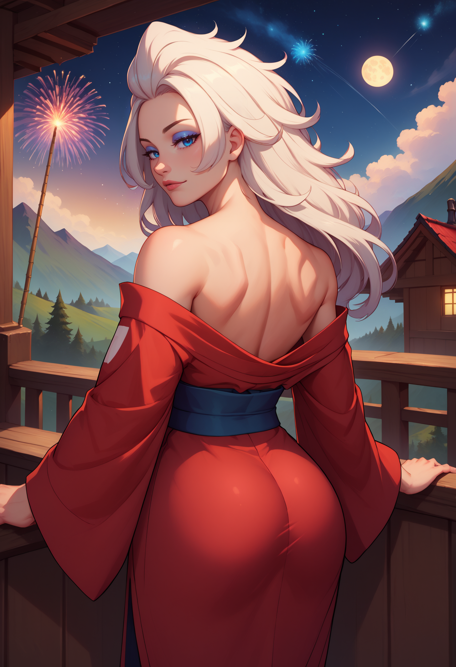 score_9, score_8_up, score_7_up, detailed, shaded, soft shading, BREAK 1girl, solo, MarianKelly, blue eyes, eyeliner, white hair, long hair, <lora:MarianKellyPDXL_V1-Manityro-CAME:1.0>, outdoors, mountain, cliffside, starry sky, dark, evening, moon, fireworks,
looking at viewer, bedroom eyes, rear view, muscular, rail,
red kimono, off shoulder,