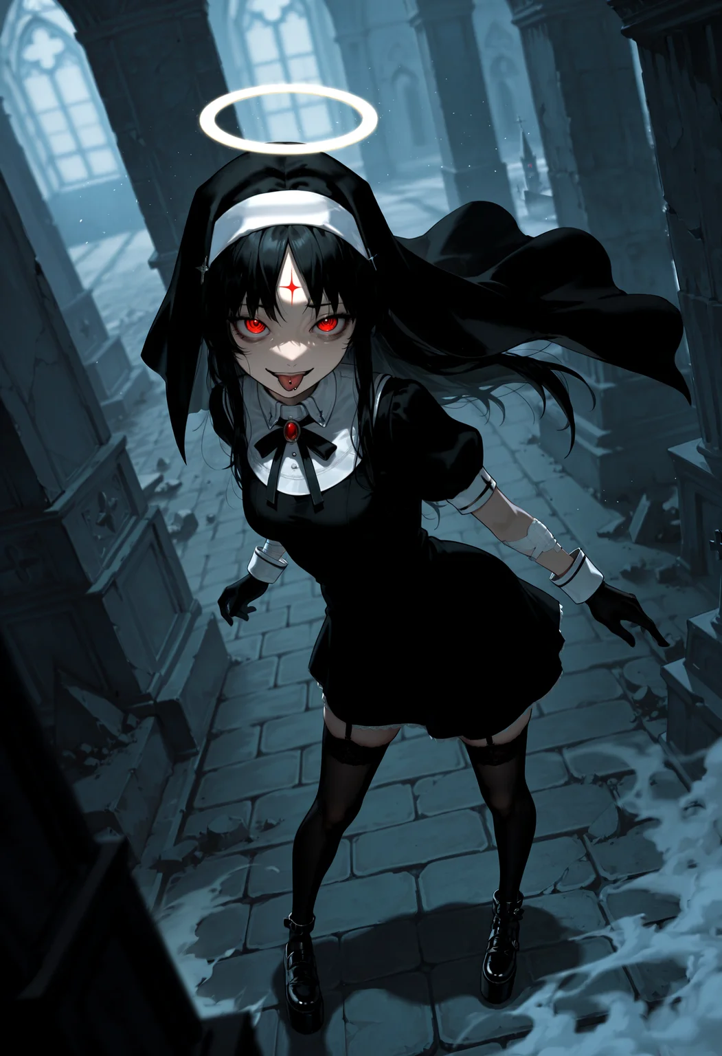 masterpiece, best quality, very aesthetic, newest, dutch angle, dark, high contrast, photorealistic, dynamic pose, detailed shading, detailed clothing, detailed background, from side, from above, <lora:Detailer\touching_grass_v0.2:0.5> BREAK god-ish/cnn, 1girl, long hair, red eyes, glowing eye, black hair, bags under eyes, forehead mark, ringed eyes, tongue out, crazy smile, tongue piercing, face focus, BREAK habit, nun, dress, wrist cuffs, gloves, black thighhighs, garter straps, platform footwear, white halo, bandaid, bandages, ribbon, ruins, church, fog, sinister, contrapposto, <lora:Character\God-ish_Cinabrio:0.7>
