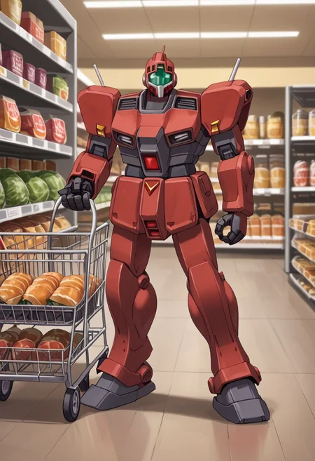 score_9, score_8_up, score_7_up, source_anime, cowboy shot, front view, BREAK, ( gm_cold_districts_type, maroon gm, standing, 2 mechs, maroon mech, mech focus, solo, BREAK, in grocery store, pushing shopping cart,
