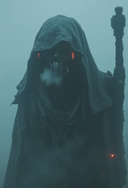 dystujo, nelisty,Swallowed by an ocean of thick white mist, a bounty hunter emerges in slow, deliberate strides. Their heavy, synthetic cloak clings to their frame, damp from the condensation in the air. Their cybernetic jaw, reinforced with black metal plates, catches flickers of red light from a neon sign barely visible through the fog. Two vertical slashes of molten orange glow run down the sides of their face, like scars etched by a laser cutter, pulsing softly with a heartbeat-like rhythm. Wisps of vapor curl around their shoulders, dragged in unnatural patterns by the subtle hum of the heat vents hidden beneath their collar. They exhale—a sharp, controlled breath—and the fog shifts, parting just enough to reveal the outline of a holstered plasma pistol at their side, still hot from use.
