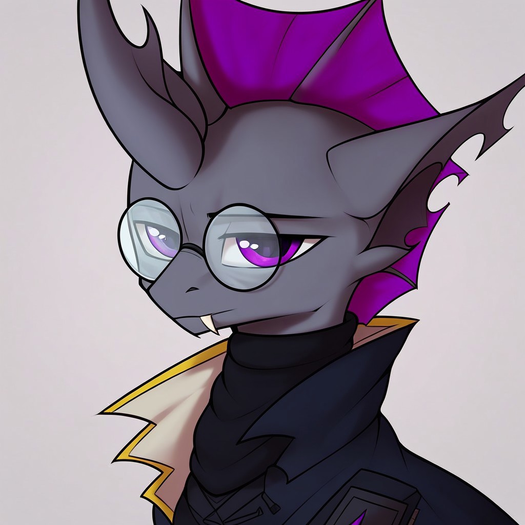 masterpiece, score_9_up, score_8_up, score_7_up, score_6_up, (best quality:1.1), ultra-detailed, high resolution, 1character, solo, male, Нептун Хербст, changeling, feral, ragged ears, (((beautiful detailed purple eyes))), crooked horn, single horn, gray skin, purple membrane mane, frown, smirk, (round glasses:1.2), coat, black neck warmer, portrait, fang, simple background, highly visible, sharp focus, anatomically correct, extremely detailed, Highly Visible, sharp focus, perfect lighting, anatomically correct, extremely detailed, Expressiveh