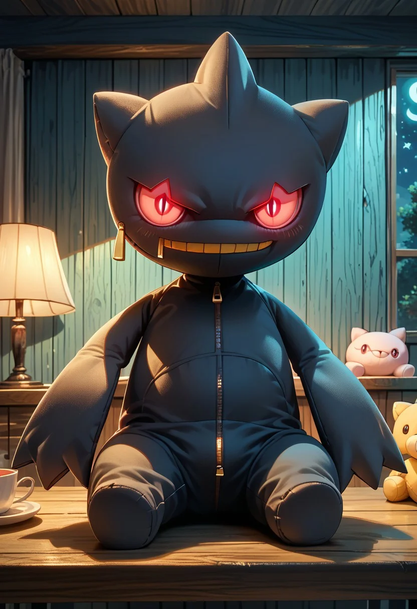 score_9, score_8_up, score_7_up, score_6_up, score_5_up, (wide Shot), (small plush banette, pokemon, red eyes, zipper mouth, on a table), (adult bedroom, cyan wooden wall, indoor, night), (extremely detailed, masterpiece, high quality)