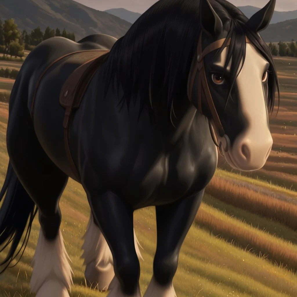 masterpiece, best quality, amazing quality,  angus1, male, furry male, horse, feral, solo,  black fur, two-tone fur, black mane, horse ears, brown eyes, white muzzle, white hooves, tail, standing, smile, looking at viewer, outdoors, grass, no humans