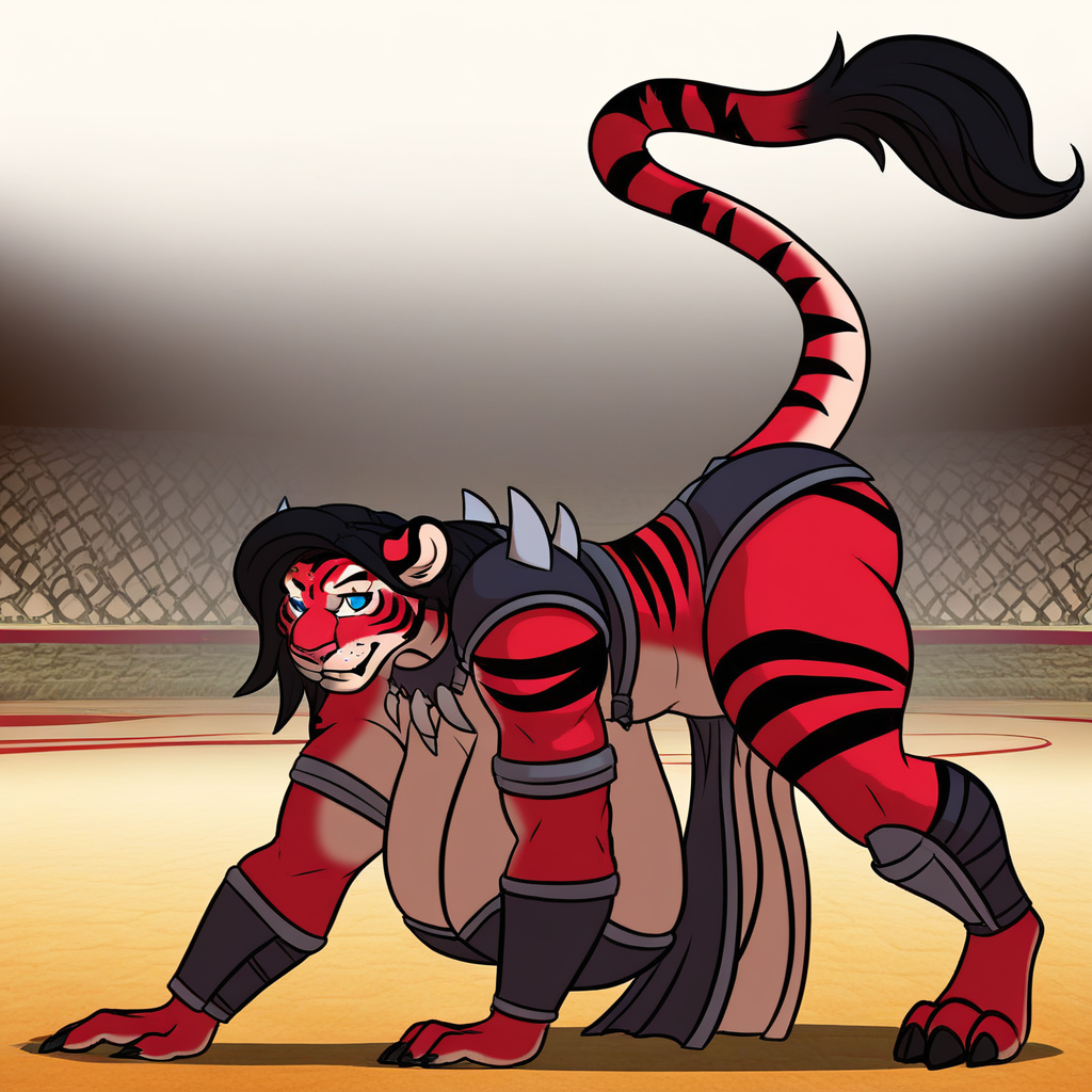 score_9, Fung4ldragon, 1girl, tiger, anthro, tiger girl, blue eyes, red fur, black hair, claws, paws, Spike mace, holding weapon, Bone necklace, armlet, thigh strap, bikini armor, leather armor, pelvic curtain, armlet, toned, muscular, dynamic pose, muscle_bimbo, huge breasts, large body, thick, curvy, bottom heavy, massive thighs, colosseum