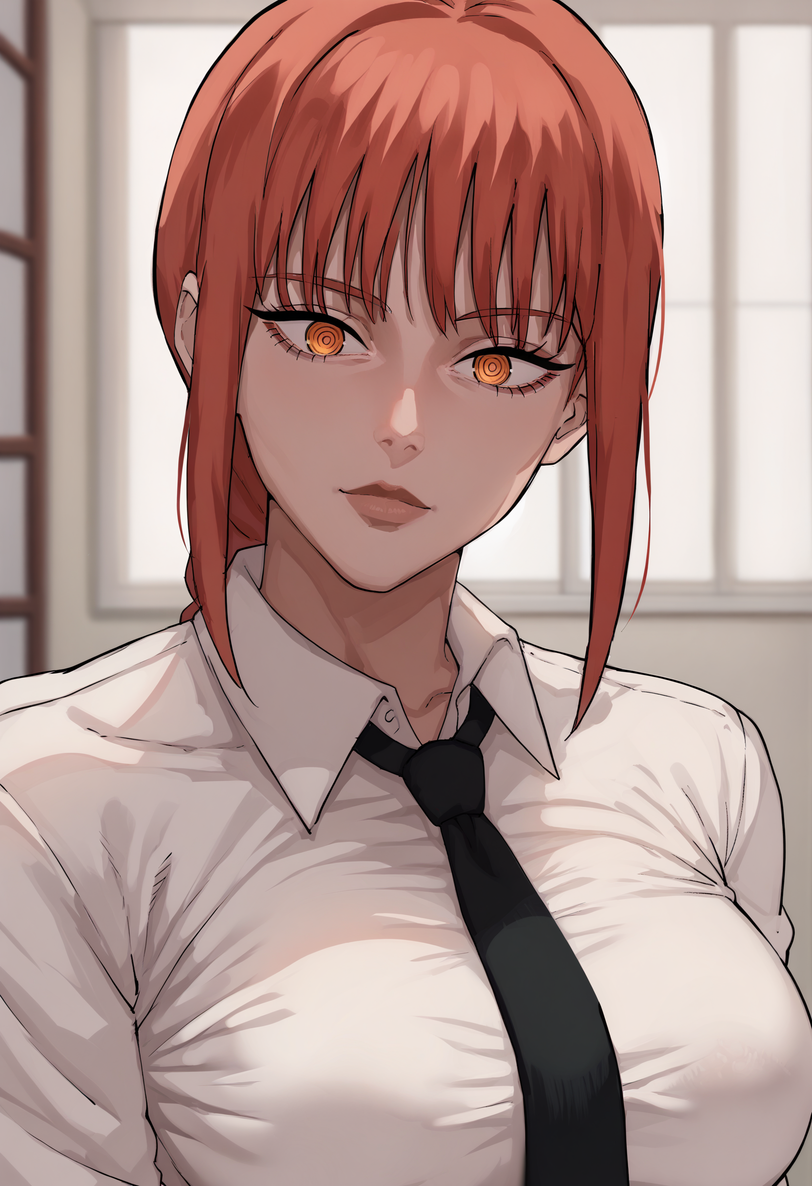 <lora:Cyberboi-guy-PONY-DORAv1:1>, cyboi, score_9, score_7_up, 1girl, solo, collared shirt, necktie, portrait, breasts, looking at viewer, head tilt, red hair, depth of field, makima \(chainsaw man\)