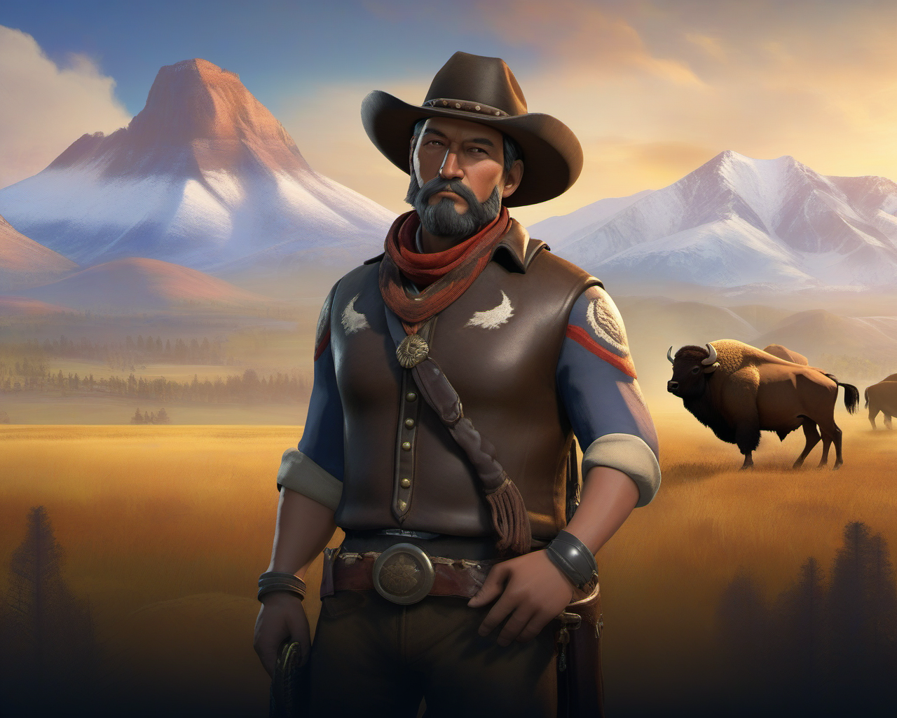 Civilization 6 style, American cowboy, bison and mountains background <lora:ææXLv1:1>