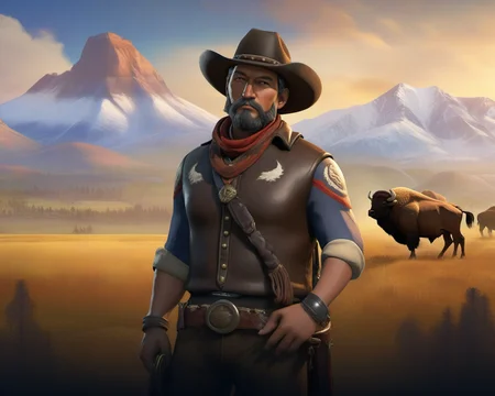 Civilization 6 style, American cowboy, bison and mountains background <lora:ææXLv1:1>