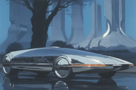 a retro futuristic chrome car in front of a city scape, concept art by syd mead, trees <lora:concept_art_syd_mead:0.8>