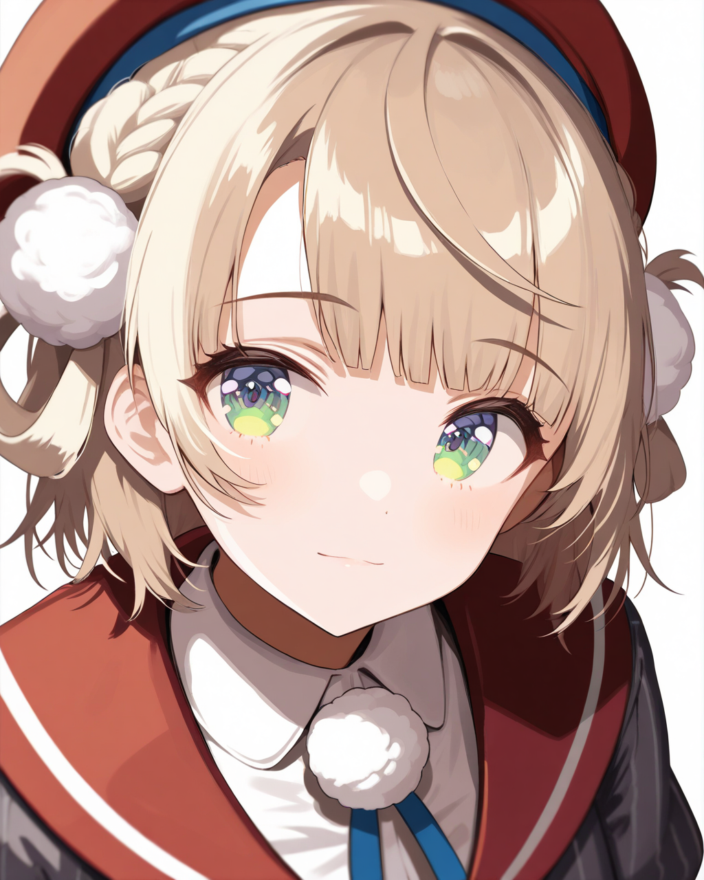 1girl,
ShigureUiVTuber,
safe, solo, dynamic angle, upper body,
light smile,
beautiful eyes,
looking at viewer, 
beret,
hair rings, pom pom hair ornament,
side braid,
shiny hair,
red sailor collar,
neck ribbon, 
vertical stripes, 
striped jacket, large breasts,
puffy sleeves,
collared shirt,
simple background, white background, anime coloring,
depth of field,
<lora:kp_ShigureUiVTuber1stCostumeAnimagineXL_v1_0:1.0>,
masterpiece, high score, great score, absurdres