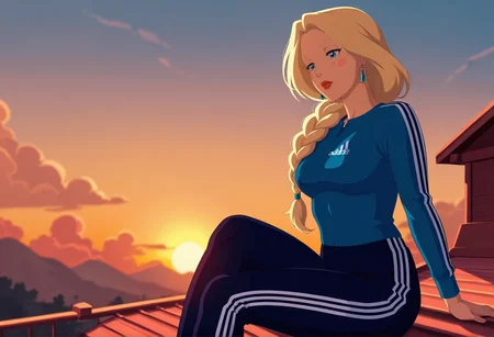 golden hour shot of anime artwork (masterpiece, best quality), mature female, 
 <lora:nastasya:0.8> nastasya, 1girl, solo, blonde hair, long hair, blue eyes, jewelry, blush stickers, earrings, red lips, braid, single braid,  sexy, medium breast, 
adidas, black spoer wear, sitting on the roof, smocking <lora:noobai_vpred_1_masterpieces_v23:0.8> masterpiece, best quality, very aesthetic . anime style, key visual, vibrant, studio anime, highly detailed. Warm light, sunset/sunrise, magical, serene