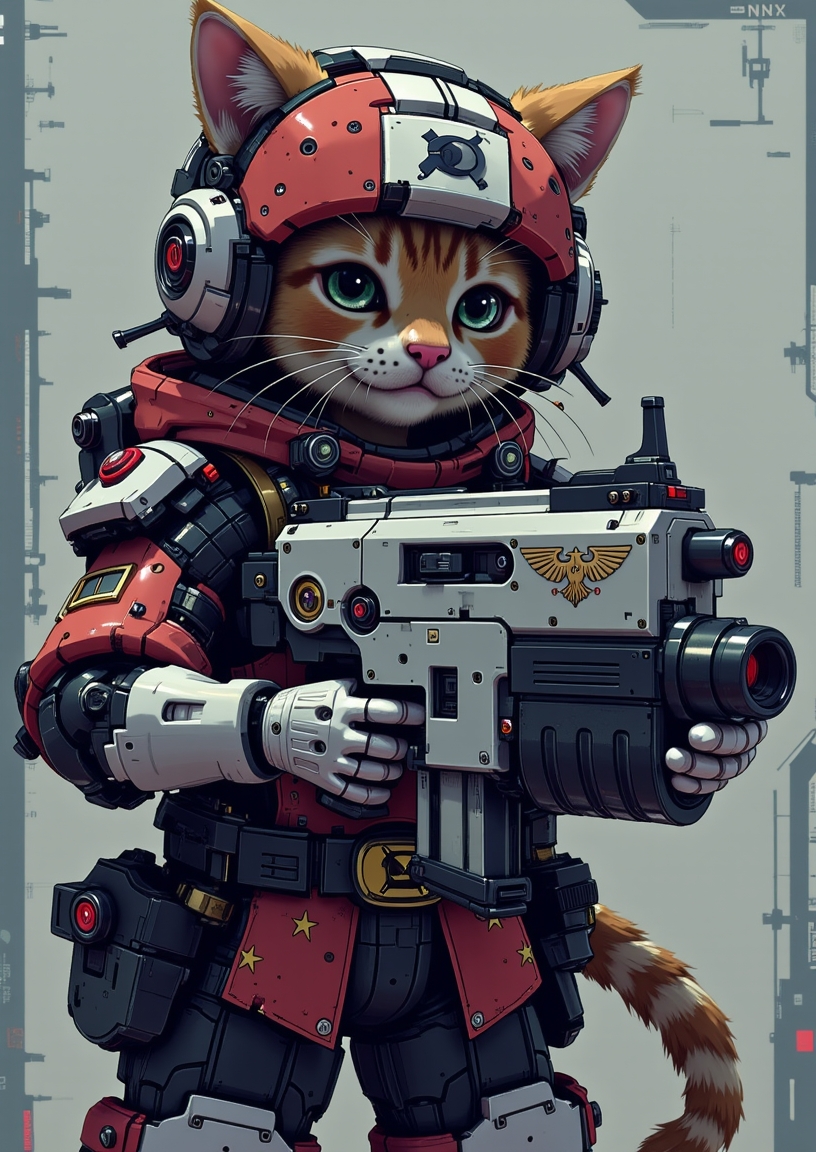 <lora:ck-nc-pastel-cyberpunk:1.3> A digital artwork in the style of cknc, a cat is aiming a mad-gdwn-bltr gun at the viewer
 <lora:Bolter_Godwyn_FLUX:1>