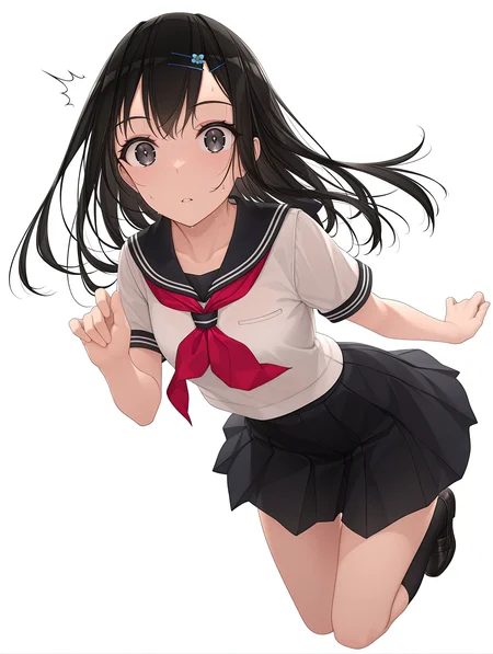 masterpiece,best quality,newest,
1girl,solo,
<lora:ikuta_risa_ilxl_v1.1:1>,risa,hairclip,black hair,black eyes,r_clothes,
<lora:Fixhands_anime_bdsqlsz_V1:1>,cinematic_angle,looking_at_viewer,jumping,full body,parted lips,sweatdrop,white_background,simple_background,surprised,